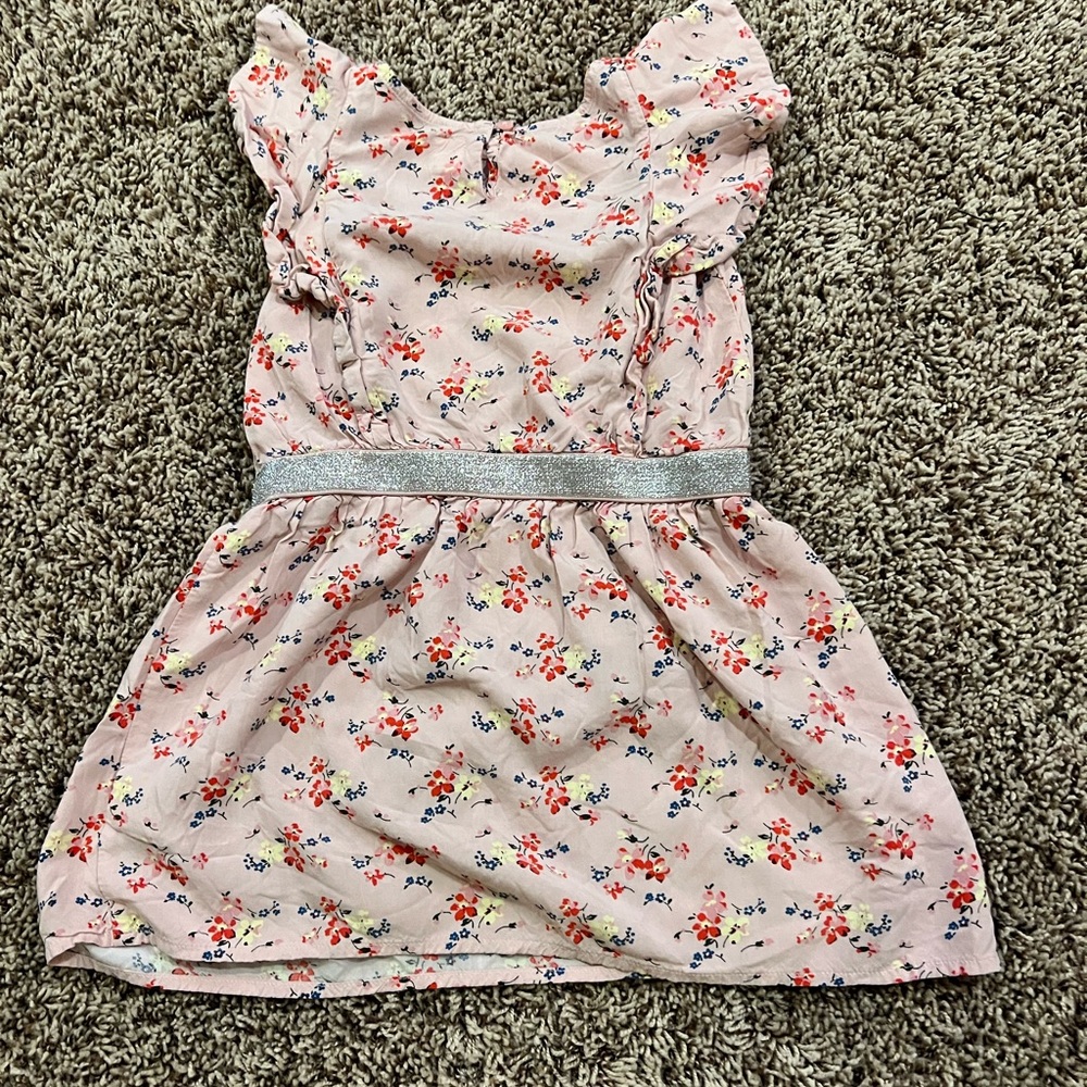Gap Girls pink floral summer dress with silver sparkle band at waist.  Size S